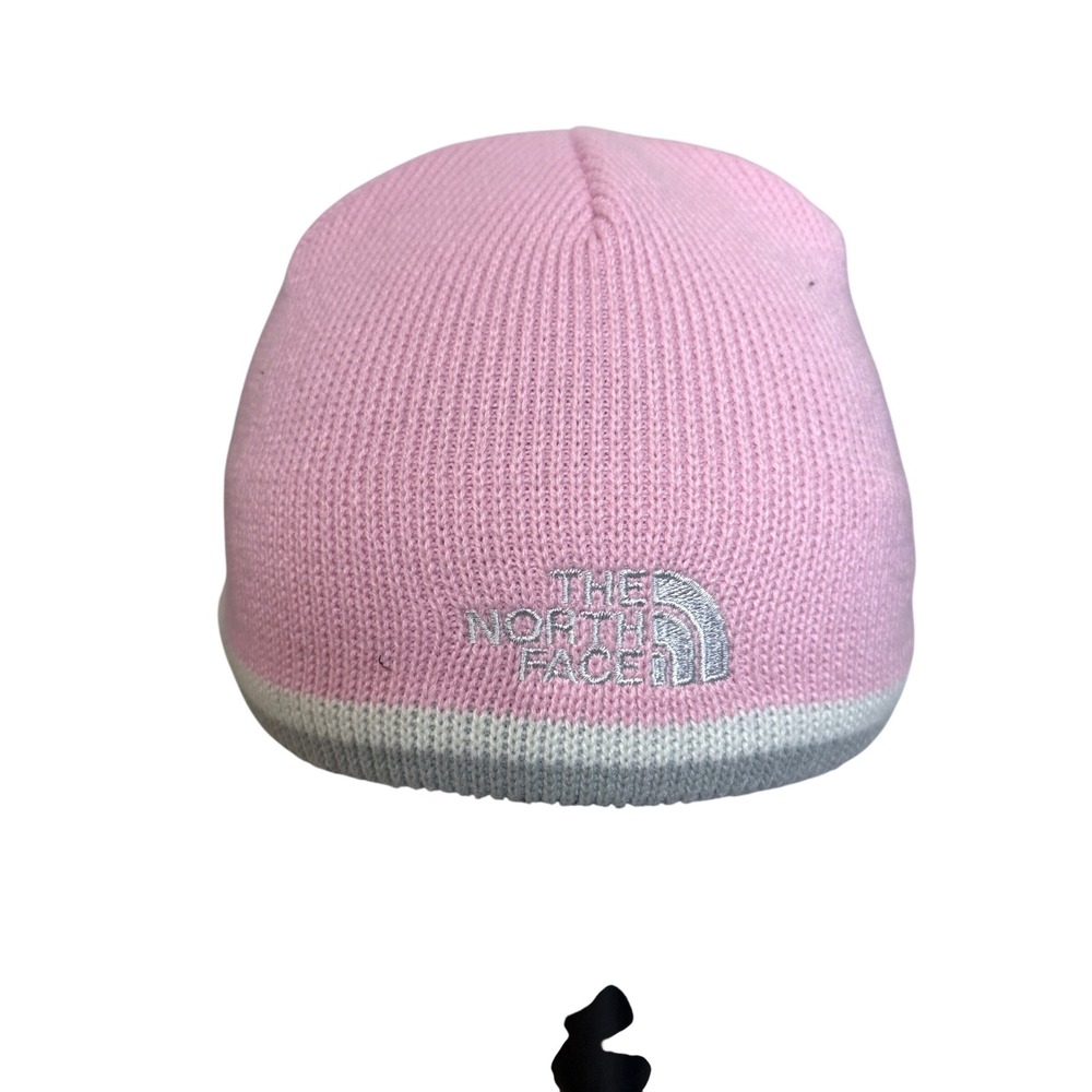 The North Face Beanie Girls One Size Pink Grey Stripe Knit Skull Cap Hat